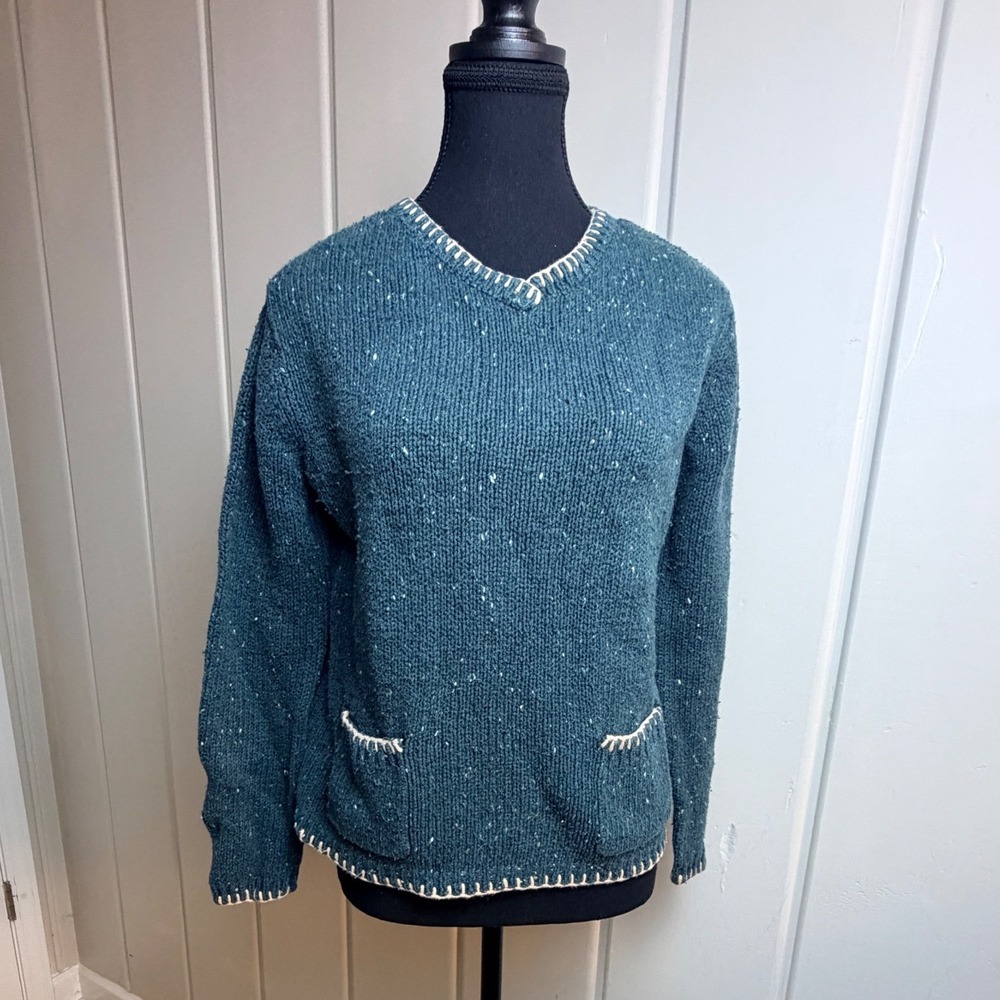 Westbound Vintage Green Tweed Wool Blend Blanket Stitch V-Neck Sweater Small